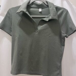 BP sage pale green ribbed short sleeve polo cropped shirt